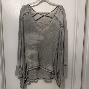 Free People Washed Gray V-Neck Waffle Knit Pullover